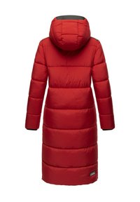 Red puffer coat with a hood, featuring horizontal stitching, long sleeves, and a slightly tapered silhouette. Includes a small logo patch near the hem.