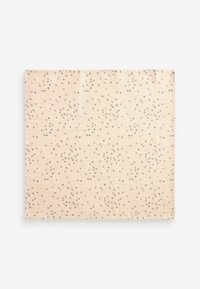 Helles beige Gewebe mit einem Rautenmuster, das verstreute kleine dunkle Kreise aufweist. Glatte Textur, rechteckige Form.