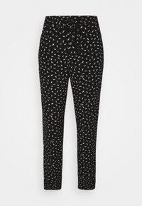 Zwarte broek met een stringtaille, voorzien van een verspreid wit en roze abstract patroon. Rechte pijpen, gemaakt van lichtgewicht stof.