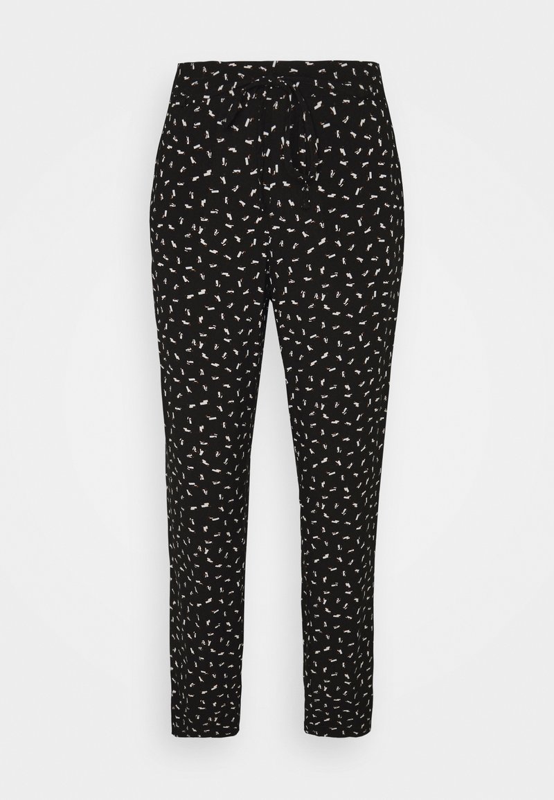 Zwarte broek met een stringtaille, voorzien van een verspreid wit en roze abstract patroon. Rechte pijpen, gemaakt van lichtgewicht stof.