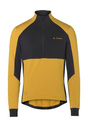 Langärmliges Radtrikot in Schwarz und Senfgelb. Es verfügt über einen Viertelreißverschluss, kontrastierende Einsätze, eine weiche Textur und einen geschwungenen Saum.