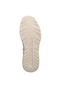 Semelle de chaussure de couleur crème claire, présentant un motif de bande de roulement texturé pour l'adhérence et la stabilité, portant la mention "bugatti" et indiquée en taille 42.