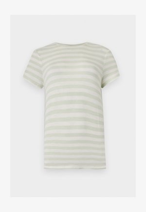 T-shirt manches courtes col rond avec des rayures horizontales vert clair et blanches, dos uni et texture en maille côtelée.