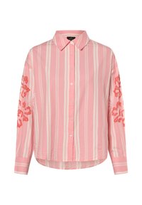 Pink striped long-sleeve shirt with a front button closure. Features embroidered floral designs in orange on both sleeves. Made from lightweight fabric.