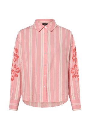 Pink striped long-sleeve shirt with a front button closure. Features embroidered floral designs in orange on both sleeves. Made from lightweight fabric.
