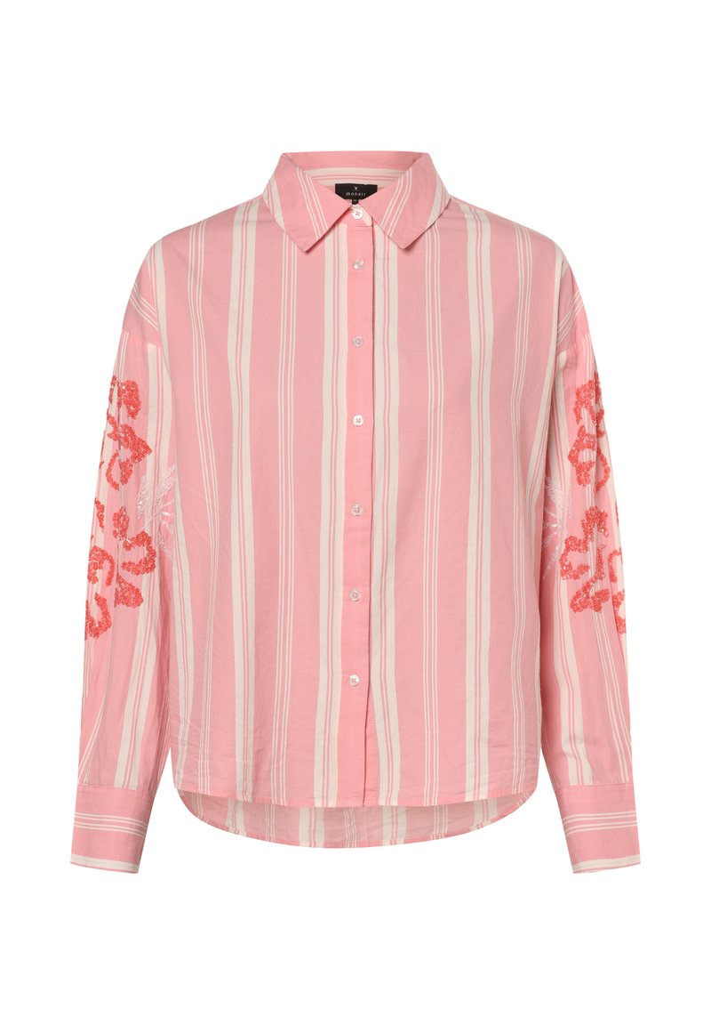 Pink striped long-sleeve shirt with a front button closure. Features embroidered floral designs in orange on both sleeves. Made from lightweight fabric.