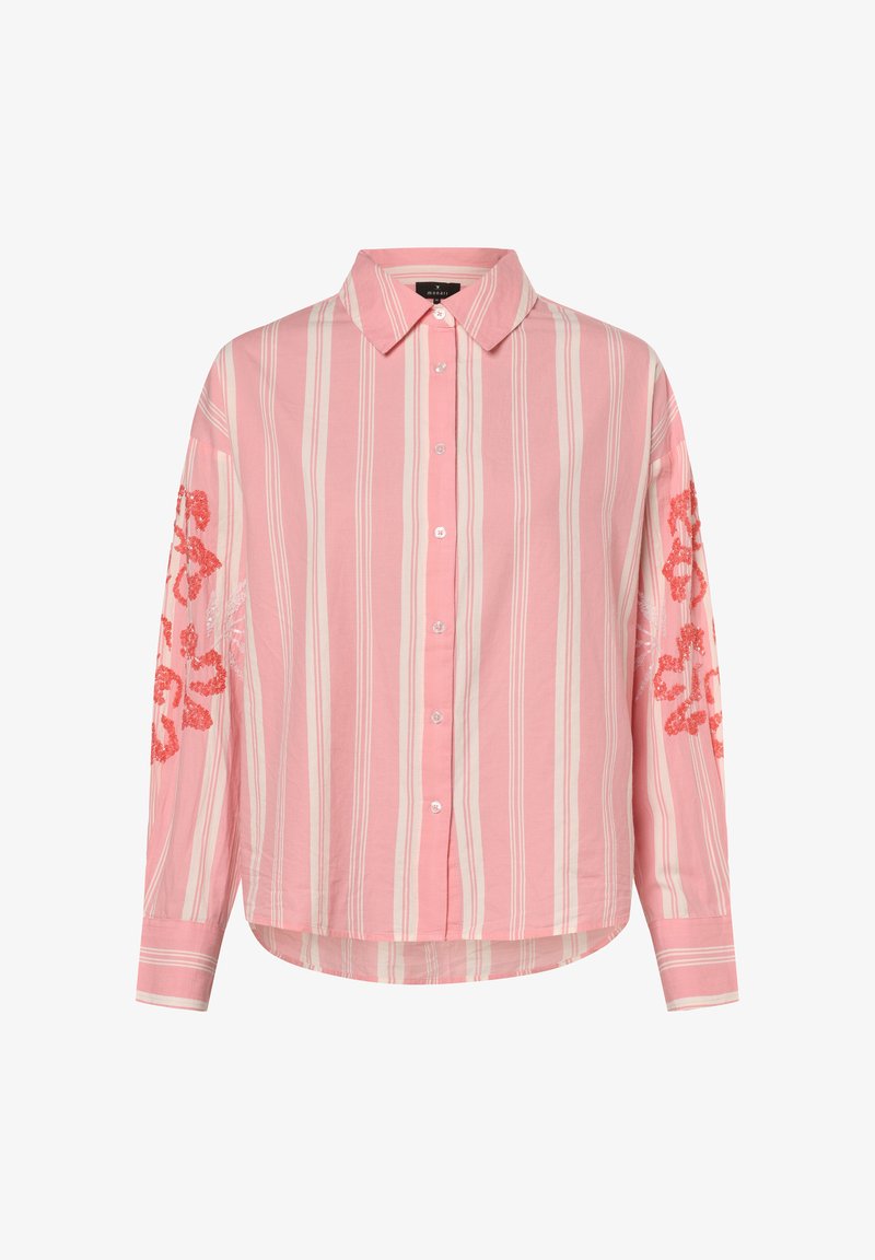 Pink striped long-sleeve shirt with a front button closure. Features embroidered floral designs in orange on both sleeves. Made from lightweight fabric.