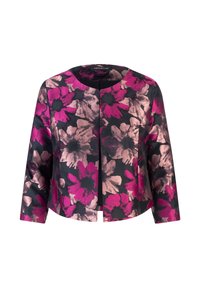 Chaqueta floral en negro, rosa y crema, con un escote redondo, mangas tres cuartos y un cierre frontal. Textura de tela suave.