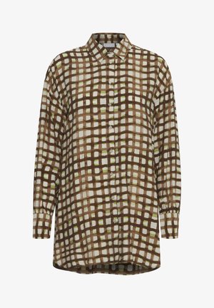 Button-up shirt in lightweight fabric, featuring a grid pattern with brown, beige, and green accents. Classic collar and long sleeves.