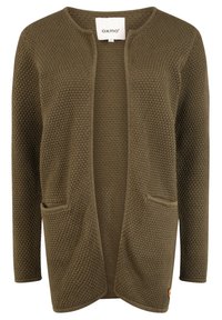 Olivově zelený cardigan s texturovaným pleteným vzorem, otevřeným předním designem, dvěma předními kapsami a štítkem uvnitř. Dlouhé rukávy, bez zapínání.