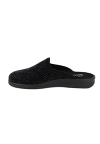 Schwarze Slipper aus strukturiertem Stoff, mit einer weichen Innenausstattung, konturiertem Design und einer niedrigen Gummisohle für Komfort und Unterstützung.