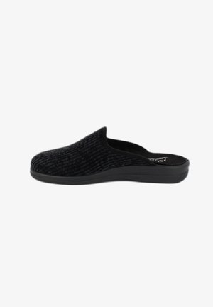 Schwarze Slipper aus strukturiertem Stoff, mit einer weichen Innenausstattung, konturiertem Design und einer niedrigen Gummisohle für Komfort und Unterstützung.