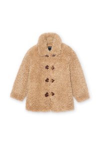 Abrigo de faux shearling beige con gran solapa y cuatro cierres de toggles marrones, exhibido plano sobre fondo blanco.