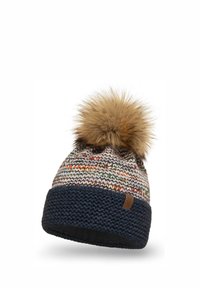 Berretto lavorato a maglia con un motivo a strisce multicolori, risvolto blu navy e una grande pom pon in pelliccia sintetica sulla parte superiore. Presenta un piccolo dettaglio con etichetta in pelle.