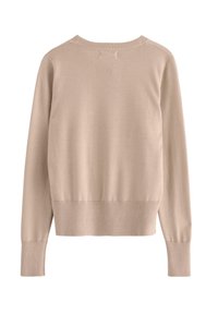 Maglione beige a maglia con scollo rotondo, maniche lunghe e polsini e orlo a costine. Texture liscia con una silhouette aderente e design minimale.