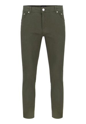 Oliwkowe spodnie z bawełnianego twillu o slim fit, pięciokieszeniowym designie oraz srebrnym wykończeniu w talii i kieszeniach.