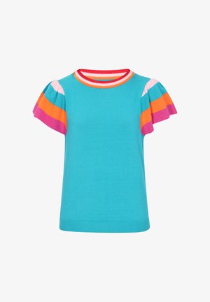 Turkoosin lyhythihainen neulepaita, jossa on rypytettyjä, monivärisiä raidallisia hihoja. Sisältää ribattua kaulusta, jossa on punaisia, vaaleanpunaisia ja oransseja yksityiskohtia.