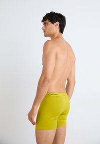 Grüne Baumwollboxershorts mit glatter Textur und elastischem Bund, auf dem das "Calvin Klein"-Logo zu sehen ist. Modell von hinten betrachtet.