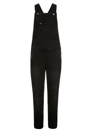 Schwarze Jeans-Latzhose mit breiten Trägern, vordere Tasche und Seitentaschen. Schlanker Schnitt mit dezenten Used-Details an den Beinen.