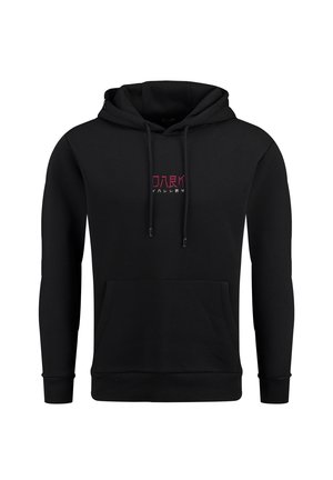 Sort hættetrøje lavet af bomuldsblanding med en frontlomme, snor til hætten og broderet "DARK VALLEY" logo i rødt på brystet.