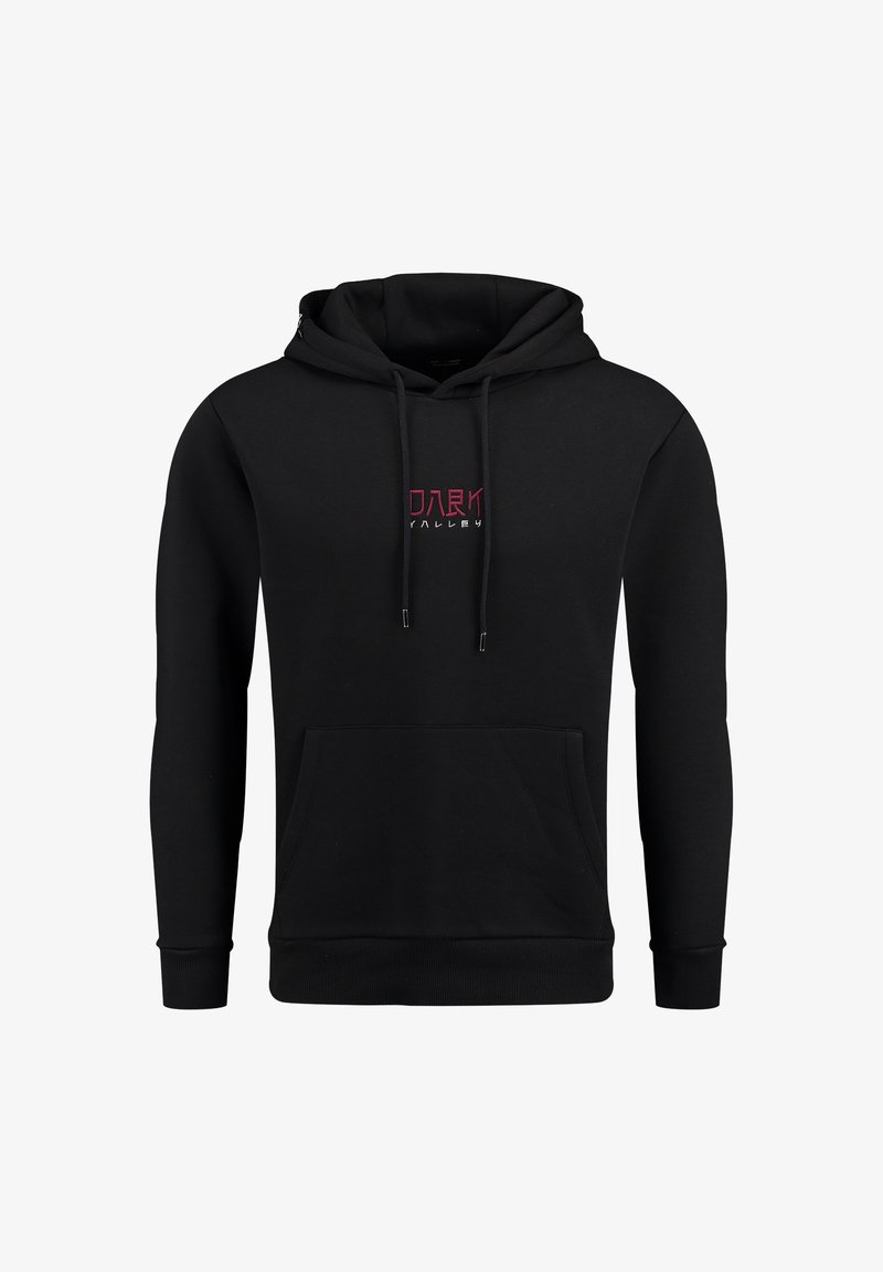 Fekete kapucnis felső, pamut keverékből, elülső zsebbel, húzózsinórral ellátott kapucnival, és piros hímzett "DARK VALLEY" logóval a mellkason.