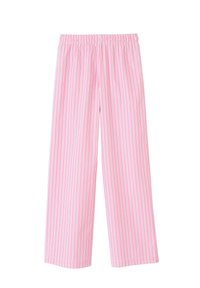 Pantalon de pyjama rayé rose avec une taille élastique ; présente de fines rayures verticales blanches. Le tissu semble léger et doux.