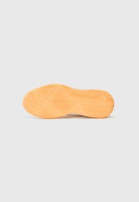 Shoe sole with a textured pattern, predominantly orange in color, featuring a wavy design and a logo detail in the center.
