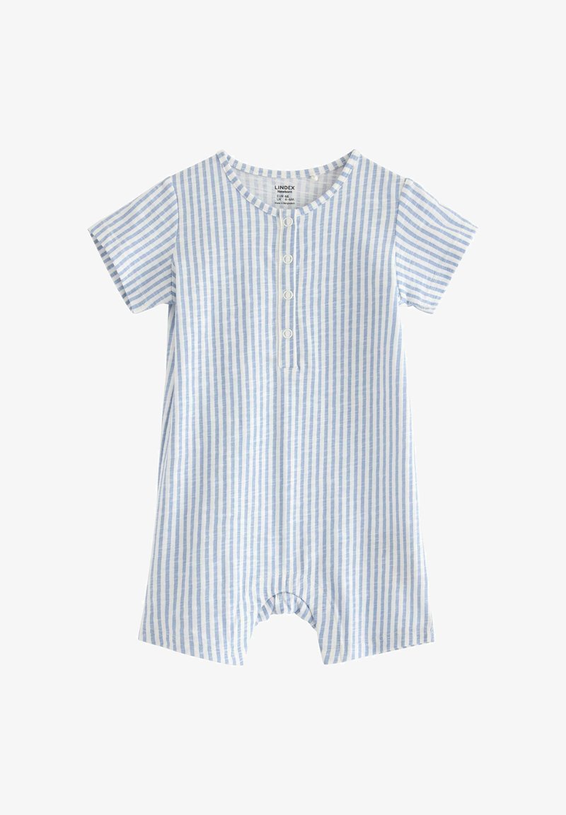 Jumpsuit à manches courtes rayé bleu et blanc avec un col rond, trois boutons et une coupe ouverte en bas. Tissu doux et coupe décontractée.