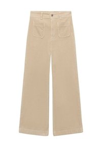 Beige wide-leg pants made from a soft fabric, featuring a button closure, belt loops, and two back pockets.