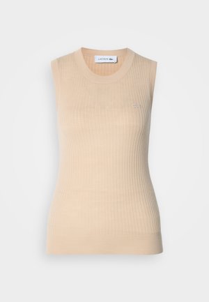 Beiges ärmelloses Stricktop mit gerippter Struktur und figurbetontem Design. Verfügt über einen Rundhalsausschnitt und ein kleines gesticktes Logo auf der Brust.