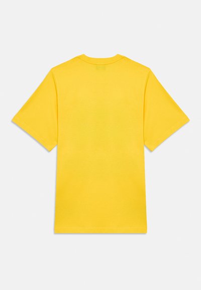 T-shirt jaune en coton à manches courtes avec un col rond et une texture lisse. Aucune image ou motif visible au dos.