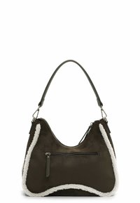 Dark green suede handbag with a curved design, white plush trim, and an external zip pocket. Features a single adjustable shoulder strap.