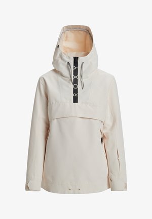 Chaqueta con capucha beige con cremallera frontal y detalles del logo en negro. Cuenta con un bolsillo frontal, cremalleras laterales y puños ajustables para un ajuste seguro.