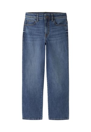 Blå straight-leg cowboybukser med forlommer, bæltestropper, knaplukning og diskret falmning på lårene, vist mod en hvid baggrund.