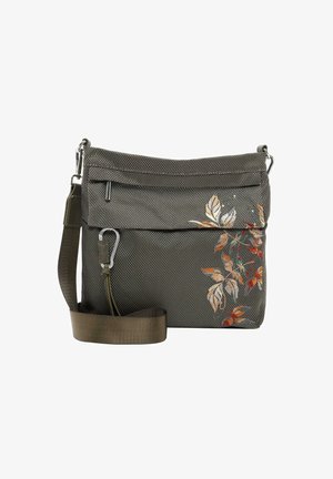 Borsa a tracolla in tessuto grigio con finitura testurizzata, dotata di una tasca anteriore con zip e un design floreale ricamato nei toni dell'arancione e del verde.