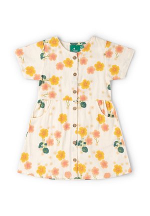 Kleid für Kleinkinder mit kurzen Ärmeln, Knöpfen vorne und gelbem sowie pfirsichfarbenem Blumenmuster auf cremefarbenem Hintergrund.