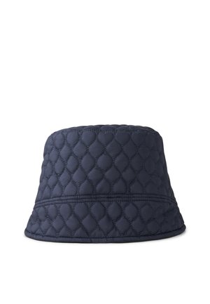 Quilted navy bucket hat with a rounded shape, soft texture, and horizontal seam detail. Material appears lightweight and slightly padded.