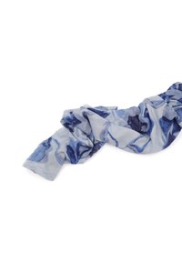 Sciarpa a fiori blu, realizzata in tessuto leggero. Presenta diverse sfumature di blu su uno sfondo chiaro, con una consistenza morbida e fluida.