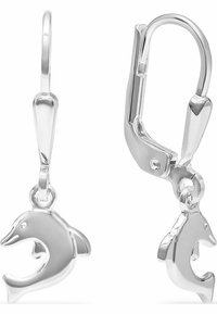 Silverfärgade örhängen i form av delfiner med en polerad yta, utrustade med en hovknäppning och släta, rundade kanter.