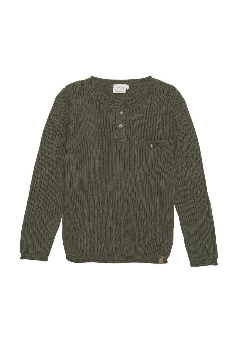 Maglione a coste verde oliva con maniche lunghe, collo rotondo, patta con bottoni e taschino sul petto; presenta un tessuto testurizzato e un'etichetta laterale.