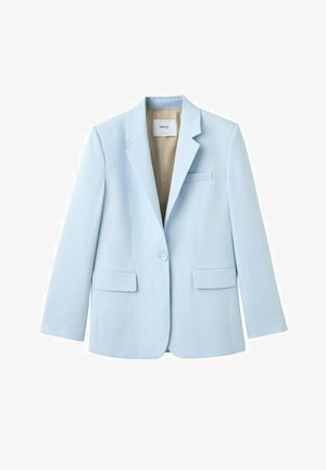 Lichtblauwe blazer met enkele knoop, met inkeping revers, twee klepzakken en één borstzakje met bies, gevoerd met beige stof.
