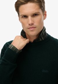 Dunkelgrüner Strickpullover mit gerippten Bündchen, über einem karierten Hemd in Dunkelgrün und Schwarz mit Kragen getragen. Logo auf dem Pullover sichtbar.