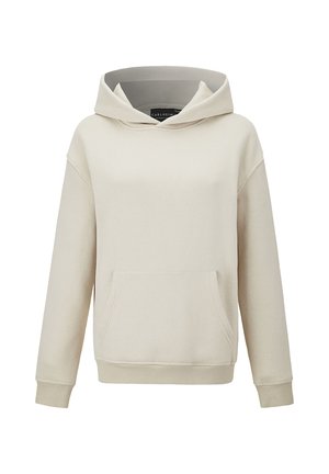 Svijetlo bež hoodie od mekanog tkanja, s velikim prednjim džepom, rebrastim manžetnama i kapuljačom s vrpcama za vezanje. Glatka tekstura i opušteni kroj.
