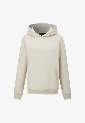Licht beige hoodie van zachte stof, met een grote voorkantzak, geribbelde manchetten en een capuchon met trekkoord. Gladde textuur en een comfortabele pasvorm.