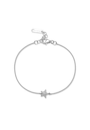Bracciale in argento con una delicata catena, caratterizzato da un ciondolo a stella decorato con accenti scintillanti e un clasp a gabbiano per la chiusura.