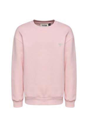 Lyserød langærmet sweatshirt med ribmanchetter og ribkant forneden, rund halsudskæring og lille hvidt logo på venstre bryst.