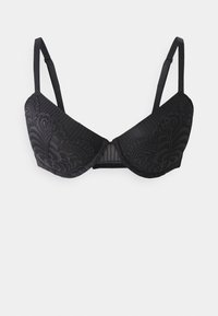 Soutien-gorge noir avec armatures, présentant des panneaux en dentelle brodée, une base à côtes horizontales, des bretelles ajustables et une texture lisse.