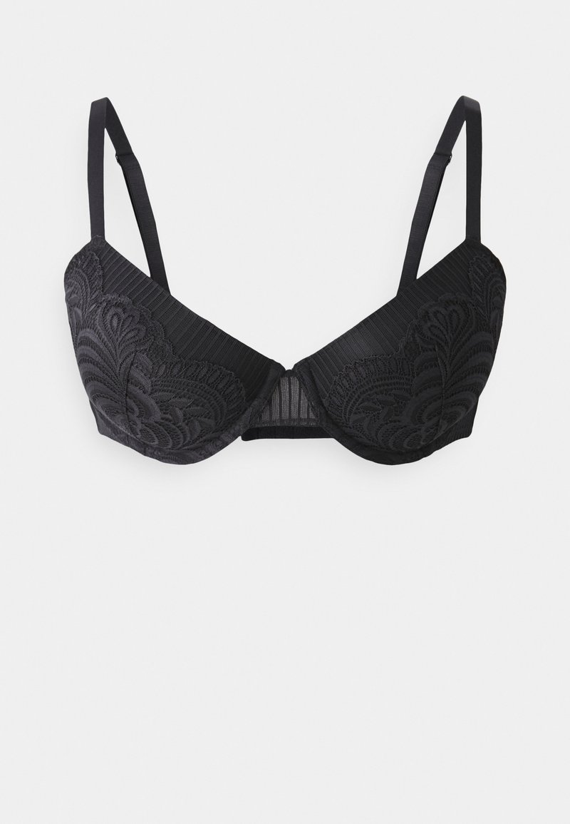 Soutien-gorge noir avec armatures, présentant des panneaux en dentelle brodée, une base à côtes horizontales, des bretelles ajustables et une texture lisse.