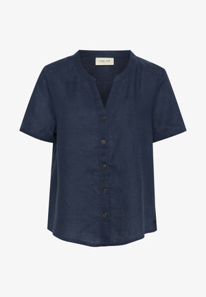 Camicia a maniche corte blu navy con scollatura a V, realizzata in lino. Presenta una chiusura a bottoni frontale e una vestibilità rilassata. Orlo arrotondato nella parte inferiore.