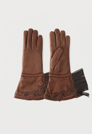 Mănuși din piele maro cu design conic, cu trei linii de cusătură pe spate și accente negre ornamentale pe manșete. Margini cu franjuri.